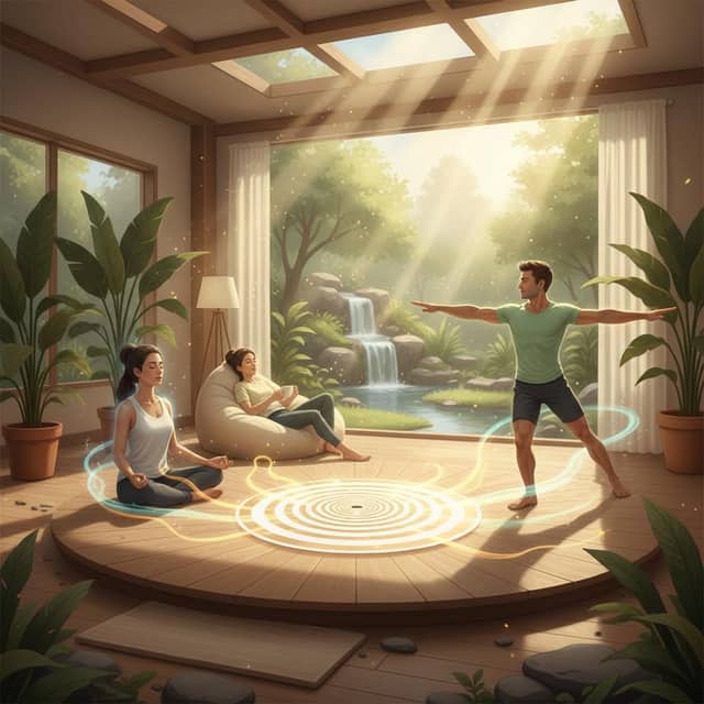 The Raumvital Energy Disc 170mm is the focal point of a tranquil scene, surrounded by individuals meditating, practicing yoga, and relaxing.