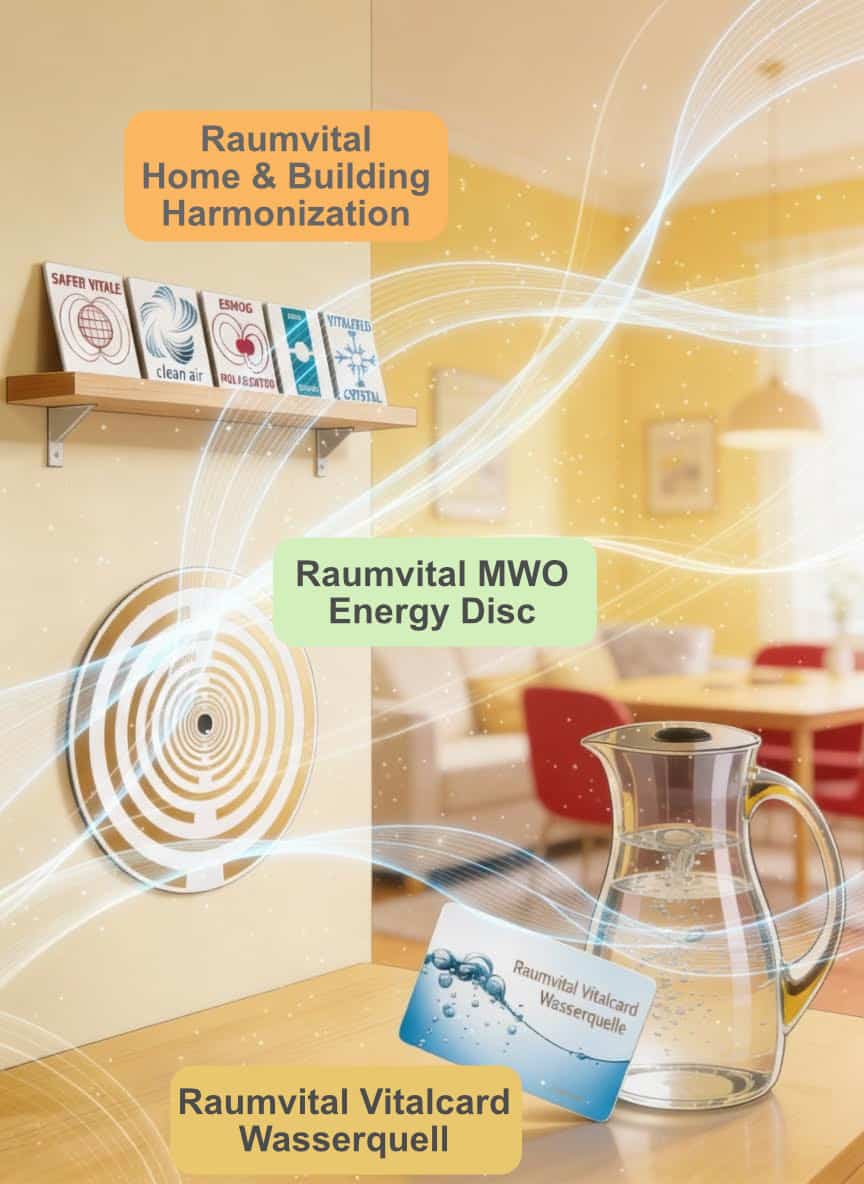 RaumvitalI llustration-Room #1; shows Room Harmonization, MWO Energy Disc, and the Vitalcard Wasserquell.