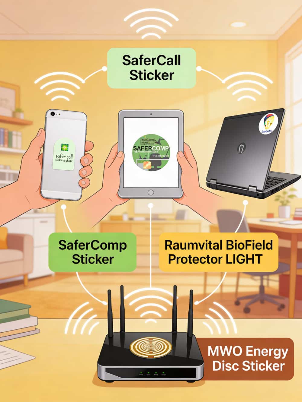 RaumvitalI llustration-Room #2; shows our sticker products: SaferCall, SaferComp, MWO Energy Disc sticker, and BioField Protector LIGHT.